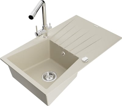 Mexen Cesar granieten spoelbak 1-kompartement met afdruiprek en keukenkraan Duero, beige - 6514-69-671600-00