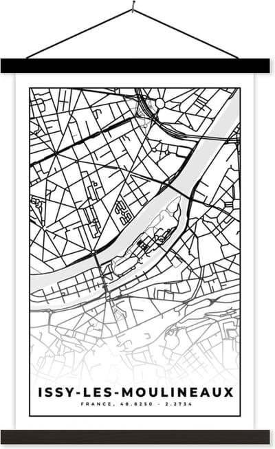 Posterhanger incl. Poster 40x60 cm - Schoolplaat - Kaart - Stadskaart - Frankrijk - Plattegrond - Issy-les-Moulineaux - Zwart wit - Textielposter - Zwarte latten - Stadskaart