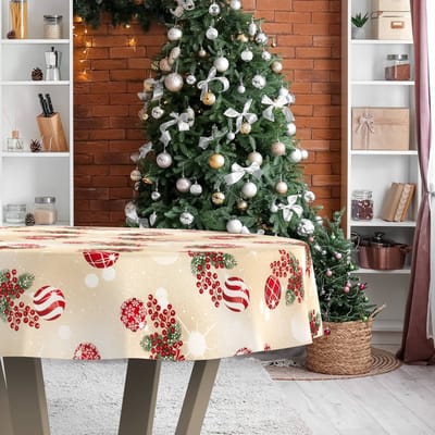 ANRO Tafelkleed Kerstballen Beige Rond Ø100cm Rechte rand Afwasbaar Waterafstotend Binnen & Buiten