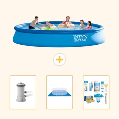 Intex Rond Opblaasbaar Easy Set Zwembad - 457 x 84 cm - Blauw - Inclusief Pomp - Grondzeil - Onderhoudspakket - 4-delig