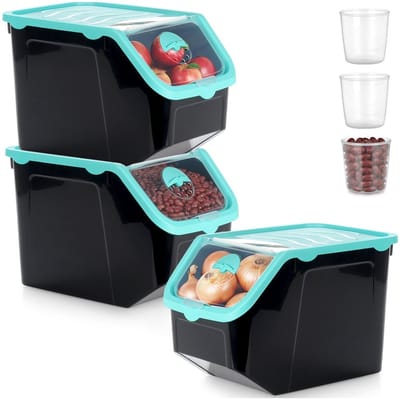Doos voor Groenten en Fruit met Deksel Zwart 12 l 3 stuks - Aardappelbak - Aardappelpot - Bewaardoos - Container - Koelkast Organizer - Opbergbox - Fruitkist