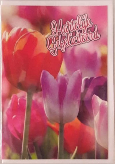 Hartelijk gefeliciteerd met je verjaardag! Een bijzondere wenskaart met mooie tulpen in meerdere kleuren. Een leuke kaart om zo te geven of om bij een cadeau te voegen. Een dubbele wenskaart inclusief envelop en in folie verpakt.