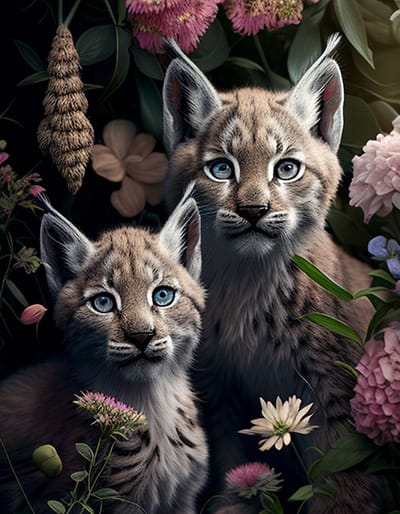 AI - Woondecoratie - Poster - Dieren - Welp - Bloemen en jungle - 31 - 50 x 70 cm
