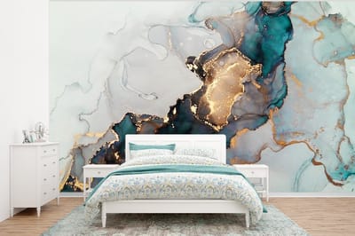 Behang - Fotobehang Blauw - Marmer - Goud - Breedte 400 cm x hoogte 300 cm