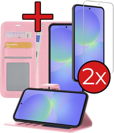 Hoesje - Met 2x Screenprotector - Geschikt voor Samsung Galaxy A36 - Luxe Pasjeshouder - Flip Case - Bookcase Portemonee - Kunstleer Book Case - Flipcase Hoes - Book Cover - Walletcase - Portemonneehoes - Telefoonhoes - Lichtroze