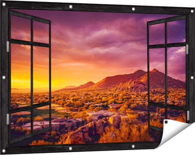 Gards Tuinposter Doorkijk Woestijn Landschap met Zonsondergang - 120x80 cm - Tuindoek - Tuindecoratie - Wanddecoratie buiten - Tuinschilderij