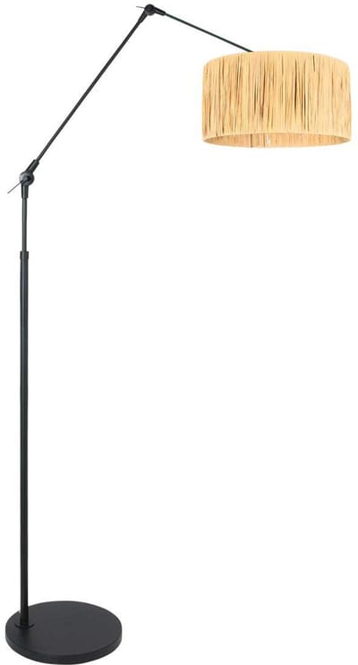 Zwarte vloerlamp booglamp Prestige Chic 3793ZW met naturel seagrass kap, 220cm snoer, trendy design, Steinhauer