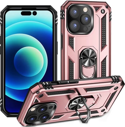 Casemania Hoesje Geschikt voor Apple iPhone 14 Pro - Rosegoud - Anti-Shock Hybrid Armor Back Cover - Hoes met Kickstand Ring
