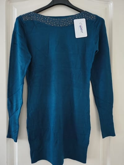 Middellange dames trui Marika-effen petrol blauw teal zeegroen-boothals-strass steentjes-Maat L-fijngebreid