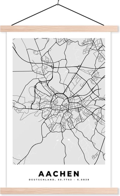Posterhanger incl. Poster 40x60 cm - Schoolplaat - Aachen - Stadskaart - Duitsland - Kaart - Plattegrond - Textielposter - Blanke latten - Stadskaart