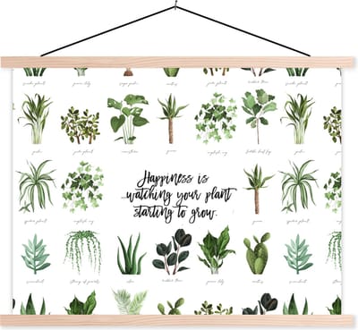 Posterhanger incl. Poster 120x90 cm - Schoolplaat - Quotes - Happiness is... watching your plant starting to grow - Spreuken - Planten - Textielposter - Blanke latten