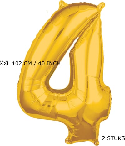 Mega grote XXL gouden folie ballon cijfer 4 jaar.  leeftijd verjaardag 4. 102 cm 40 inch. Met rietje om op te blazen. 2 stuks