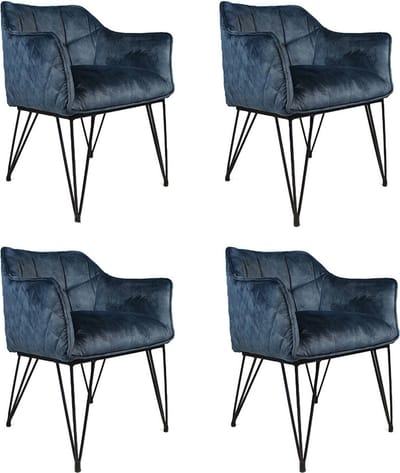 Bronx71® Velvet eetkamerstoel Jayron blauw - Eetkamerstoelen set van 4 - stoel