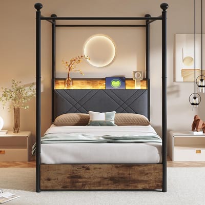BLACKCOLORS - Multifunctioneel Eenpersoons IJzeren Bed 90x190 - Met Opbergruimte en Smeedijzeren Hemelbed - Verwijderbare Stijlen met LED en USB/Type-C - Twee Lades - Tienerbed