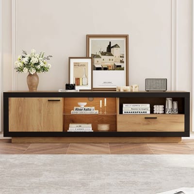 Pugsdrly TV-standaard moderne lage design met glazen planken opbergruimte voor 70 /65 / 55 inch televisie zwart eik houten frame multifunctioneel geschikt voor woonkamer en slaapkamer