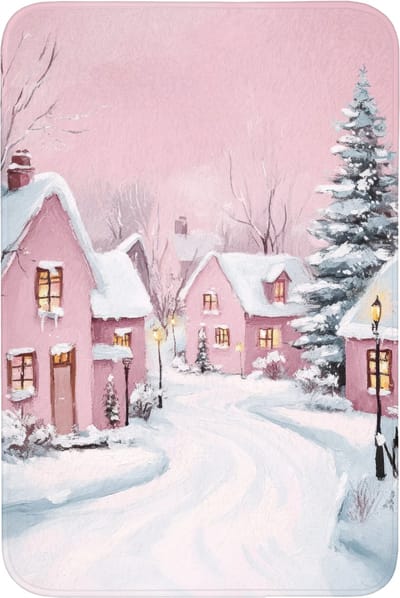 Badmat 60x90 cm - Antislip - Kerstdorp - Roze - Winter - Sneeuw - Huizen - Badmatten voor badkamer - Badkamermat - Douchemat - Badkamer mat
