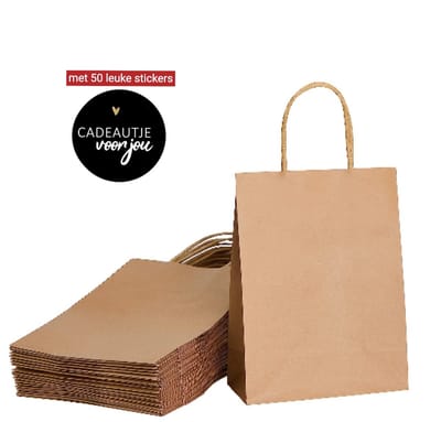 50 x kleine papieren cadeautasjes 18x8x22 cm bruin + zwarte stickers “Cadeautje voor jou” draagtassen Kraftpapier Met gedraaid handgrepen - Kraft Tasjes Met Handvat - Zakjes
