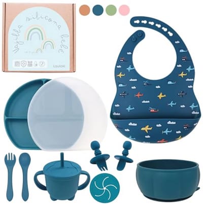 11-delig Babyservies Set voor Zelfstandig Eten | Siliconen BPA-vrij, Inclusief Oefenbeker, BLW Lepels, Slab, Zuignap Bord, Kom met Deksel