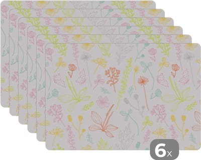 Placemat - Placemats kunststof - Planten - Patronen - Tuin - Contour - Pastel - 45x30 cm - 6 stuks - Hittebestendig - Anti-Slip - Onderlegger - Afneembaar