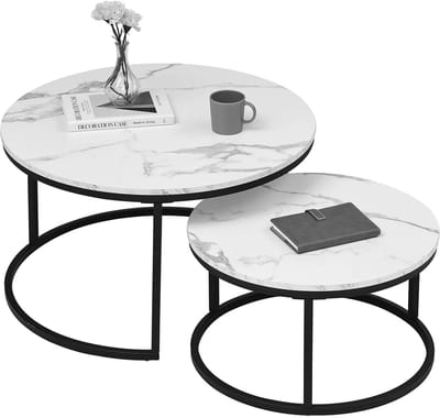 NaevaMi Salontafel Set - Salontafels - Salontafel Rond - Salontafel Zwart Onderstel - Wit Marmerlook Blad - 2in1 Combinatie - 80cm en 60cm