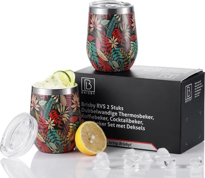 Brisby RVS 2 Stuks Dubbelwandige Design Thermosbeker, Partybeker Set met Deksels – Jungle