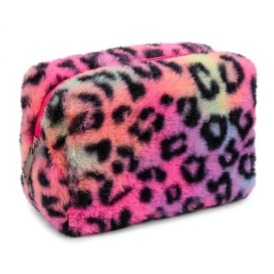 Roze make up tas dames toilet tas met luipaardprint pluche cosmetica tas zachte opbergtas grote capaciteit draagbare reistas met rits