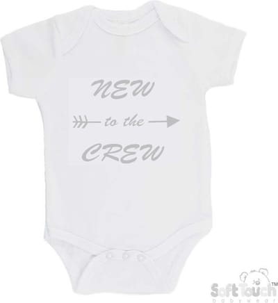 Soft Touch Romper "New to the crew" Unisex Katoen Wit/zilver Shiny Maat 56/62
