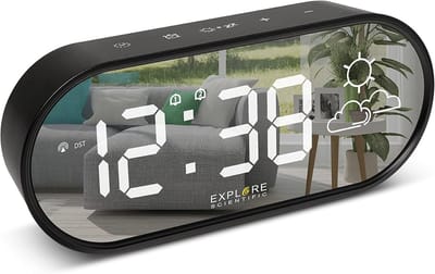 Spiegel Wekker - Digitale Klok - Wakker Worden - Weersvoorspelling Binnen - 18 cm Breed - Zwart