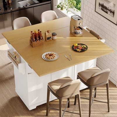 MODENUIT Keukeneiland - Uitschuifbaar Met Wielen En Laden - Voor Keuken - MDF En Metaal - Wit - 120x40x95 Cm