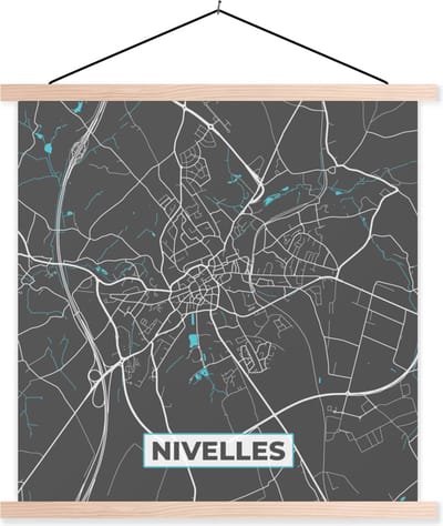 Posterhanger incl. Poster 40x40 cm - Schoolplaat - Stadskaart – Grijs - Kaart – Nivelles – België – Plattegrond - Textielposter - Blanke latten - Stadskaart