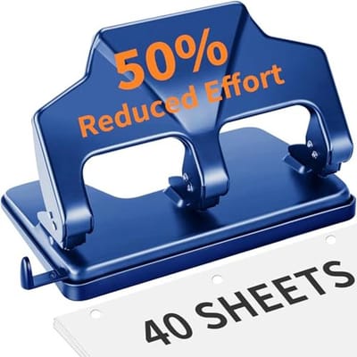Perforator met 3 gaten voor A4, A5 en A6 - Stabiel en sterkt voor 40 vellen, ideaal voor kantoor, school en thuis - 50% minder inspanning - Blauwe metalen perforator