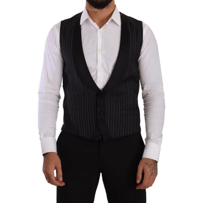 Dolce & Gabbana Heren Zwarte Gestreepte Wol Zijde Gilet