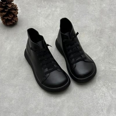 Dames Echt Leer Korte Laarzen Ronde Neus Echt Leer Handgemaakt Retro Street Style Winter Warm Platte Enkellaarsjes 40 black