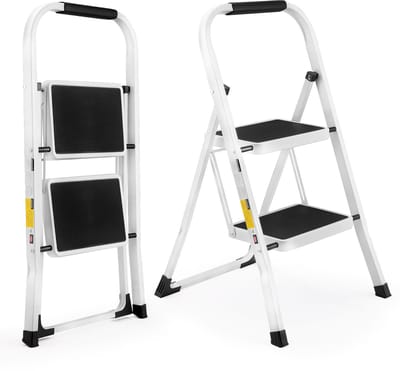 Huishoudtrap 2 treden - Inklapbaar opstapje wit - Antislip treden - Stalen frame tot 150 kg - Voor keuken en huishoudelijk gebruik
