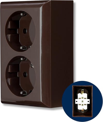 Opbouwstopcontact Dubbel - Wandcontactdoos - Elektrificatie Thuis - Compleet Met Frame - 105 x 65 mm - Bruin