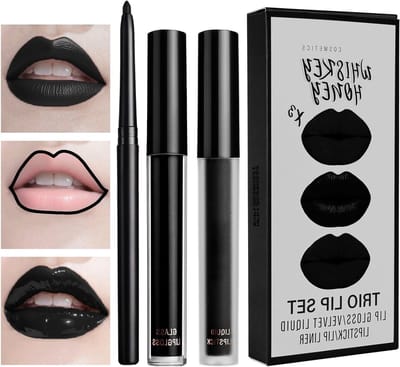 Zwarte Matte Lippenstift Set, 3 in 1 Lipstick met Lipgloss en Lipliner, Waterproof en Langdurige Matte Finish