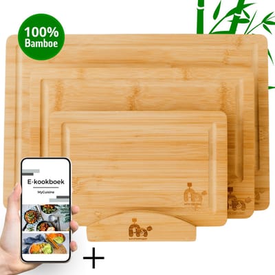 MyCuisine Bamboe Snijplanken Met Sapgeul - Snijplankenset met houder van hout - 100% Bamboe - Inclusief E-Kookboek - 3 Planken