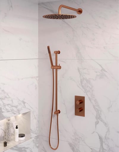 Brauer Copper Edition thermostatische inbouw regendouche 3-weg omstelling SET 40 met 30 cm douchekop en gebogen muurarm en staaf handdouche en doucheslang en geïntegreerde glijstang koper geborsteld PVD