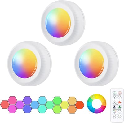 LED Spots Werkt op batterijen, met afstandsbediening, 3 stuks RGB LED kastverlichting 16 kleuren, dimbaar, met magneet/lijm voor slaapkamer, kledingkast, kast, keuken