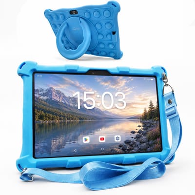 AngelTech Kindertablet XL – 3+4GB RAM - 32+64GB – Android 15 - 100%Kidsproof - Extra Groot – Vanaf 3 Jaar - Ook Voor Volwassen Gebruik - 10 Inch - Ouderlijk Toezicht – Fidgy Beschermhoes – Blauw