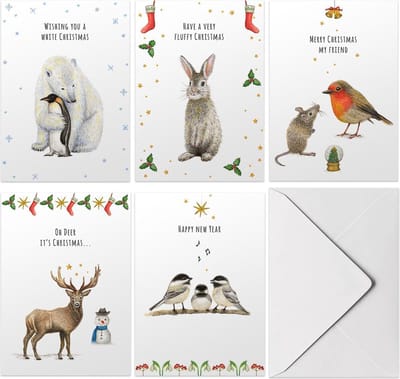 Set van 10 Kerstkaarten – Winterdieren – ECO Papier – Met Enveloppen – A6 – Handgeschilderd – Engels
