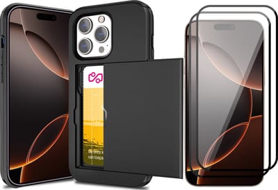 Hoesje met Pasjeshouder geschikt voor iPhone 16 Pro - 2x Screen Protector FullGuard - Back Cover SlideCase Zwart & Screenprotector