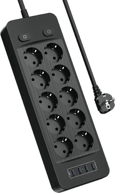 Bodega Premium 14-Voudige Stekkerdoos - Stekkerdoos met Schakelaar - Stekkerdoos met USB - Stekkerdoos met Overspanbeveiliging – Overspanningsbeveiliging - 10 Stopcontacten & 4 USB Oplaadpoorten – stekkerdozen - 2M Verlengsnoer – Antislip - Zwart