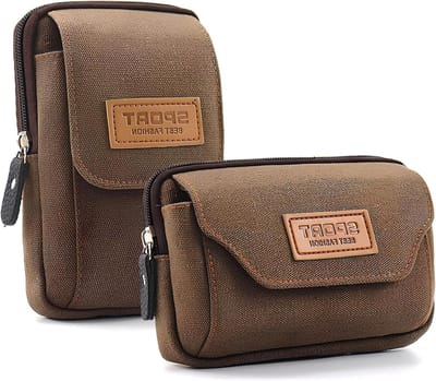 Multifunctionele heuptas met 2 mobiele telefoontasjes voor trekking, kamperen en fietsen, geschikt voor telefoons tot 6,5 inch, inclusief karabiner en riem (bruin)