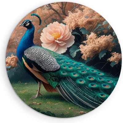 Saammp Muurcirkel Hout - Pauw met Lotusbloem - Dieren - Natuur - Ø 90 - Wandcirkel - Wanddecoratie Cirkel - muurdecoratie Woonkamer - Slaapkamer decoratie - Rond Schilderij