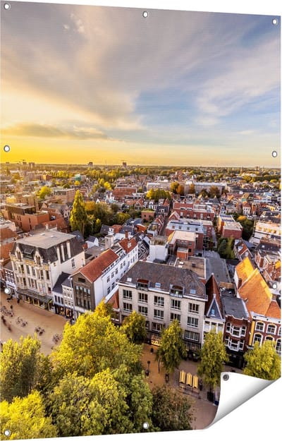 Gards Tuinposter Groningen Skyline Stad bij Zonsondergang - 90x120 cm - Tuindoek - Tuindecoratie - Wanddecoratie buiten - Tuinschilderij