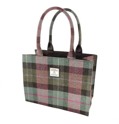 Tas Harris Tweed Shopper Glencoe Muted Green & Rose Pink Tartan - 36x49x16 - Glen Appin of Scotland