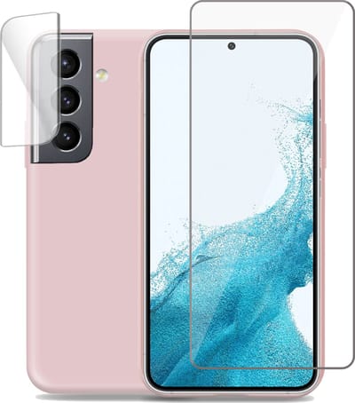 Geschikt voor Samsung S22 Hoesje + Screenprotector + Camera Beschermglas – Gehard Glas Cover - Suède Case Rose