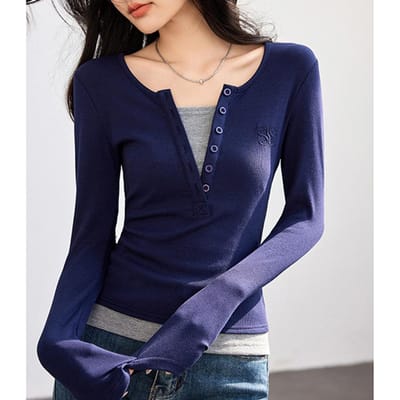 Lente Nieuw Amerikaans Retro Fake Tweedelig T-shirt met Lange Mouwen voor Vrouwelijke Hottie Slankvallende Basis Shirt Top XL blue