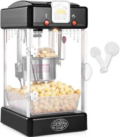 Popcornmachine - Elektrische Popcornmachine 300W - Popcorn Maker Bioscoopstijl voor Thuis & Feestjes - Retro Toonbank Popcornmachine - Maakt 3.8L per Keer - Inclusief Dienblad & 2 Lepels - Compact Popcorn Apparaat - Zwart
